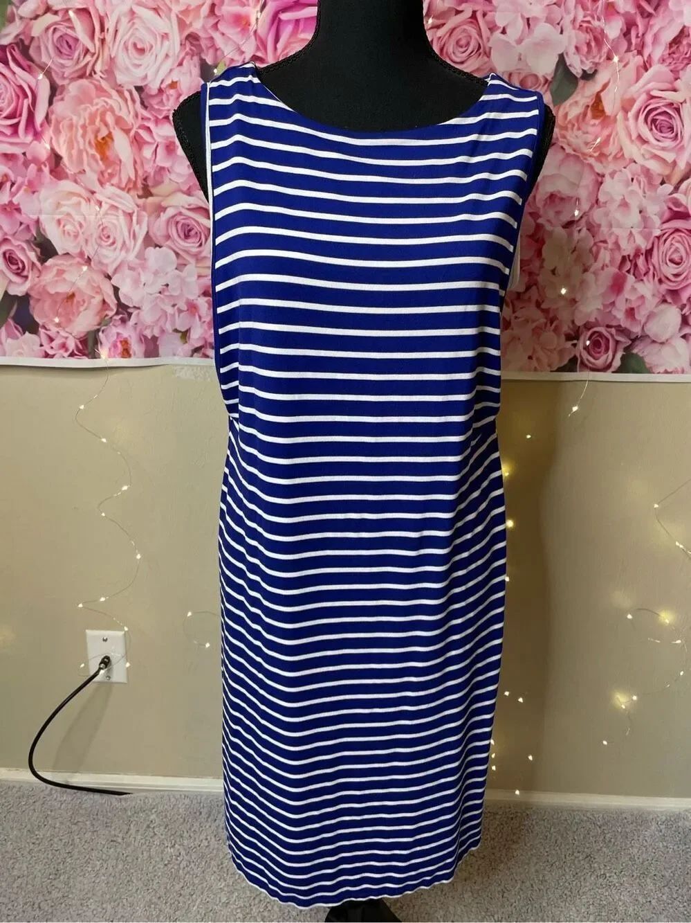 Chico's Shift Crew Neck Blue & White Colorblock Striped Sleeveless Shift Midi Dr